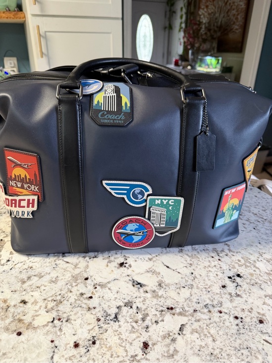 Coach Other - Coach Navy Leather Duffel with Colorful Travel Patch Accents